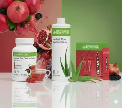 Herbalife Raspberry Tea 3.6 oz + Original Aloe Pint+30 Pomegranate LiftOff Stcks - Image 1 of 4