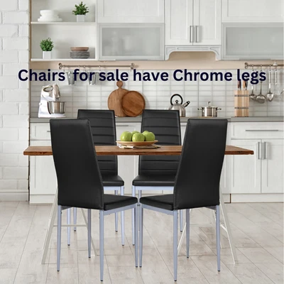 Black Dining Chairs Set of 4 Modern High Back Soft  Faux Leather Chrome Legs - Image 1 of 4