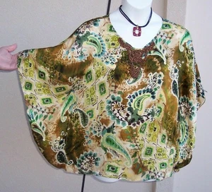 Chico's Seiden Poncho Kaftan Top Bluse Gr. S M HERBST Kupfer Perlen fließend Shirt - Bild 1 von 10