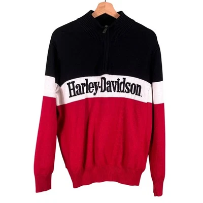 Harley Davidson Darting Sweater Men's Size Medium Color Block Tight Knit 1/4 Zip - Image 1 of 4