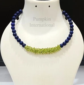 New Beautiful Peridot & Lapis Lazuli Beaded Choker Statement Necklace - Picture 1 of 7