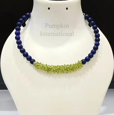 New Beautiful Peridot & Lapis Lazuli Beaded Choker Statement Necklace - Image 1 of 4