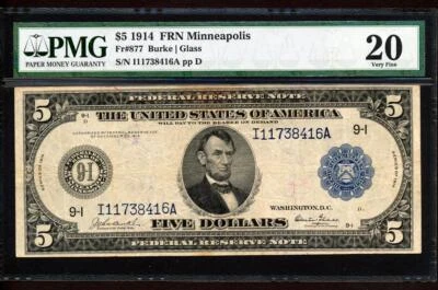 Fr.877 1914 $5 MINNEAPOLIS "BURKE-GLASS" FRN PMG VF 20 GOLD CLAUSE SUPER RARE - Image 1 of 2