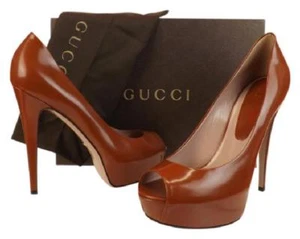 NIB GUCCI RUST POLISH LEATHER LILI PEEP TOE HIDDEN PLATFORM PUMPS 39 US 9 - Picture 1 of 8