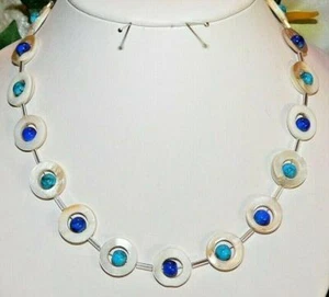 Halskette Collier Perlmutt natur weiss Donut Perlen blau dunkelblau türkis 353L - Bild 1 von 12
