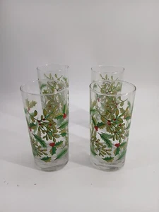 (Set Of 4) Holly Mistletoe Pine Christmas Winter Highball Drinking Glasses 16.3* - Picture 1 of 10