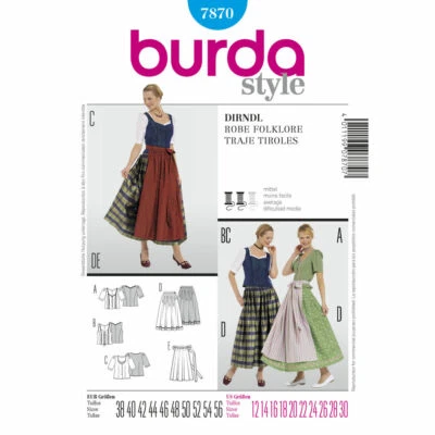Burda Sewing Pattern 7870 German Three-Piece Apron Dirndl Folk Costume Sz 12-30 - Image 1 of 4