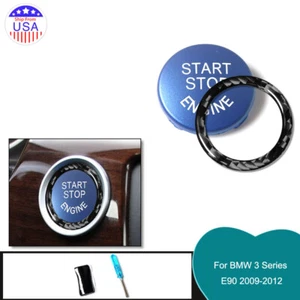 Blue Car Engine Start Stop Push Button Ring Trim Carbon Fiber for bmw 3 5 series - Picture 1 of 11
