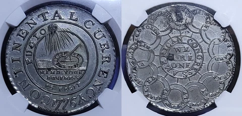 1776 $1 Continental Dollar, CURRENCY, Pewter, EG FECIT NGC UNC Details Cover