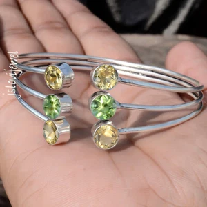 Citrine Topaz & Peridot Cut Gemstone 925 Sterling Silver Women's Bangle Cuff - Picture 1 of 5