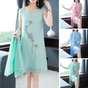 2 Pcs Women Chiffon Embroidered Dress Ethnic Short Sleeve Shawl Tank Dress - Picture 1 of 12