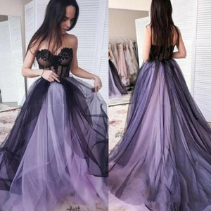 Purple and Black Gothic Wedding Dresses Strapless Appliques Lace Tulle A Line - Picture 1 of 9