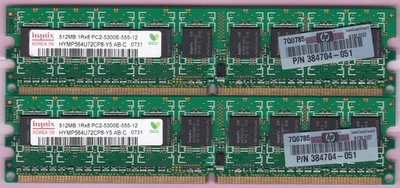 1GB 2x512MB HYNIX PC2-5300E DDR2-667 ECC KIT HYMP564U72CP8-Y5 AB-C HP 384704-051 - Image 1 of 2