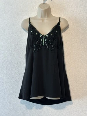 Vintage 90s Black Tank Crochet Butterfly Sequins Bead Fairycore Whimsigoth 2XL - Image 1 of 4