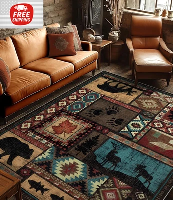 Небольшой ковер деревенской кабины 8X10, машинная стирка домик медведь ковер, нескользящий низкий ворс Pri - Изображение 1 из 4