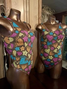 Medium Chocolate Hearts And Stars Unlined Thong Back One Piece Swimsuit US Made - Picture 1 of 4