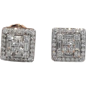 14k Rose Gold 0.50CT Round and Baguette Cut Diamond Square Cluster Stud Earrings - Picture 1 of 4