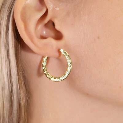 14K Real Solid Gold Checkered Diamond-Cut Flat Tube Chunky Creole Hoop Earrings - Image 1 of 4