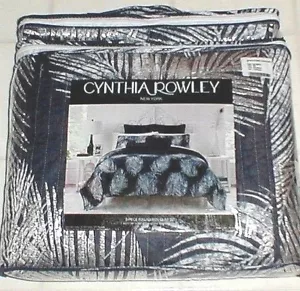 CYNTHIA ROWLEY TROPICAL LEAVES METALLIC SILVER / NAVY BLUE 2 PC. TWIN QUILT SET - Picture 1 of 3