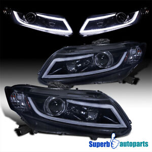 Fits 2012-15 Honda Civic 4Dr 12-13 2Dr Glossy Black Projector Headlights LED Bar