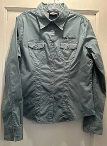 Harley Davidson camicia donna taglia L verde acqua con bottoni lavanda ottime condizioni - Foto 1 di 8