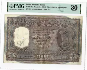 India 1000 RUPEES P-46C 1954-1957 Rare Rama Rau DELHI PMG 30 Indian BANK NOTE - Picture 1 of 5