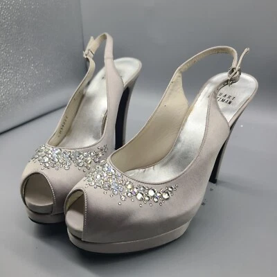 Stuart Weitzman Heels Platform Misty Satin Rhinestone Peeptoe Wedding Party sz 7 - Image 1 of 4