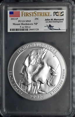 2013-P 25C PCGS SP69 Mount Rushmore NP 5oz Silver Mercanti Signed - Image 1 of 2