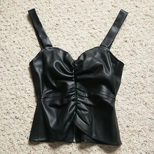 Shabby Chic Faux Leather Weather Tank Top XS Black Wide Strap Ruched Goth New - Picture 1 of 8