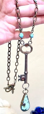 WONDERFUL Artisan Sterling Silver, Bronze, Turquoise & Iolite Key Chain Necklace - Image 1 of 4