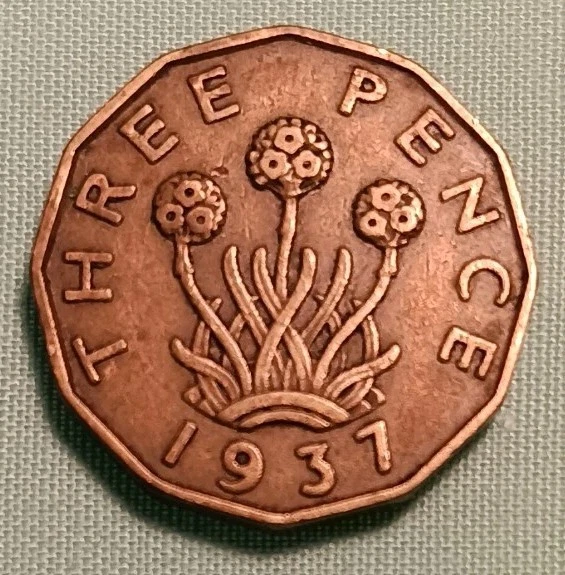 Moneda planta de tres peniques de la era de la Segunda Guerra Mundial Gran Bretaña 1937 en muy buen estado+. (N195) Foto 1 de 2
