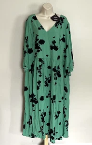 New! Ava & Viv Women Plus 3X Floral Green Midi Dress V Neck 3/4 Balloon Sleeve - Picture 1 of 9