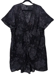 Torrid Babydoll Tunic Top Twist Front Wrap Hi-Lo Hem 4X Black Pink Sparkles - Picture 1 of 9