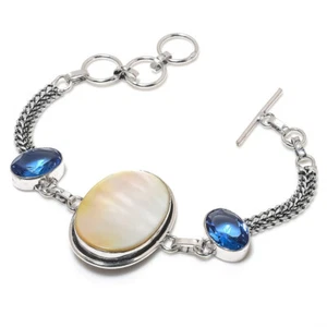 Mother of Pearl Quartz Gemstone Silver Plated Chain Bracelet Jewelry 7-8" - Picture 1 of 1