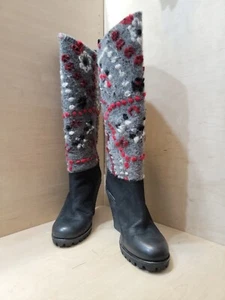 SOPHYA Women's Gray/Red Wool Black Leather Pull On Wedge Boots Sz. 37 - Picture 1 of 12