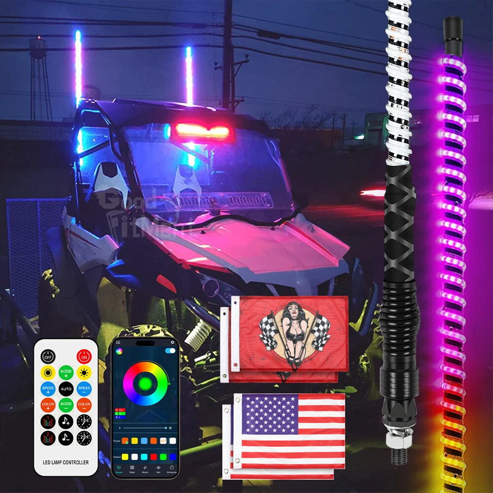 Antena remota de luz LED en espiral COB de 2 piezas de 3 pies con bandera para Kawasaki Teryx Mule Foto 1 de 4