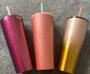 Tres vasos Starbucks Ombré rosa púrpura estaño metal 24 OZ Venti tapa pajita - Imagen 1 de 11