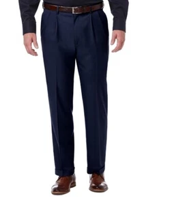 NWT  HAGGAR W2W No Iron Pleat Men 60 X 34 NAVY BLUE PANTS EXPANDABLE WAIST B & T - Picture 1 of 2