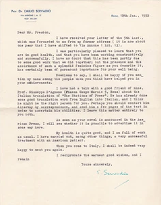 Carta firmada por el psicoanalista de Fellini Emilio Servadio 1952 a John Hyde Preston - Imagen 1 de 1