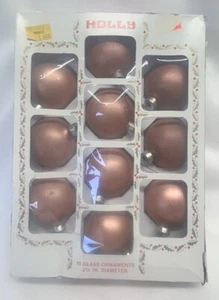 10 Vintage Holly Glass Rose Gold Bulbs Christmas Tree Ornaments 2 1/4” In Box - Picture 1 of 8