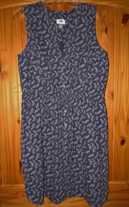 VESTIDO MUJER L ANTIGUO AZUL MARINO OSCURO/BLANCO ESTAMPADO HOJA HELECHO SIN MANGAS Botón Delantero - Imagen 1 de 4