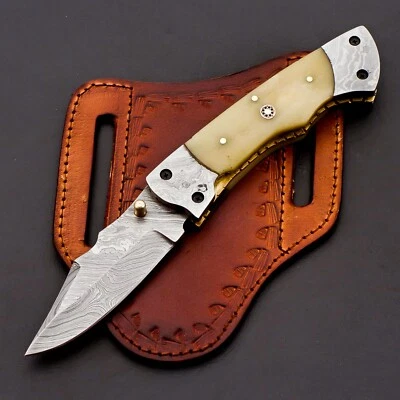 Custom Handmade Damascus Folding Knife Pocket knife w/ Leather  EDC Gift for him - Image 1 of 4