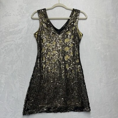 EXPRESS Gold Sequin Mini Tank Cocktail Dress Women XS Vneck Black Party New Year - Image 1 of 4
