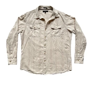 Marc Anthony Shirt L Linen Slim Fit Beige Striped Long Roll Tab Sleeves Pockets - Image 1 of 4