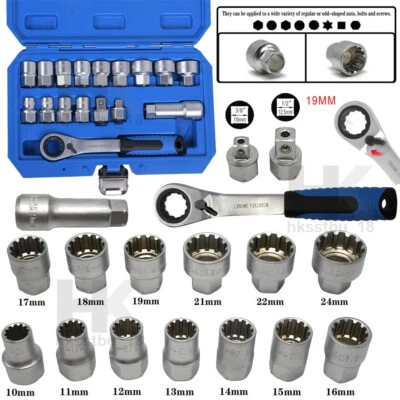 17x Pass Through Go Thru Multi-Fit Metric Ratchet Wrench & Sockets Set 3/8" 1/2" - Image 1 of 4