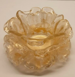 Glass Flower Candle Holder Clear With Gold Flecks 5 1/2"W X 3"H - Picture 1 of 4