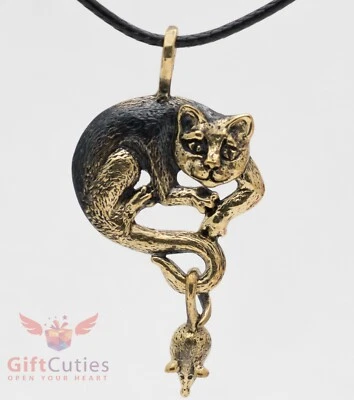 Solid Brass Cat playing with a mouse Pendant Necklaces IronWork - Image 1 of 4