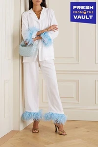 RRP€350 SLEEPER Long Pyjama Set Size XS White Ostrich Feather Trim - Picture 1 of 7