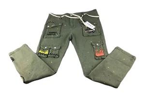 Thrt Pants  Men's Sz 32 (42"W×32"L) Olive Green Canvas Distressed Spill Paint - Picture 1 of 24