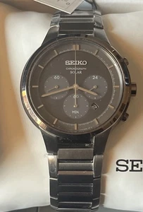 Neu Seiko Solar Chronograph Quarz schwarzes Zifferblatt SSC443 ursprünglich 395 $ komplett - Bild 1 von 7